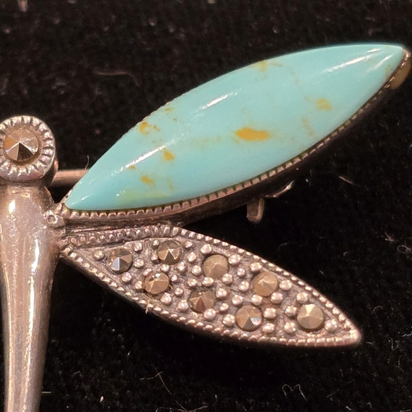 Dragonfly Sterling Silver Turquoise and Marcasite Southwest Style Pin Brooch - Picture 4 of 8